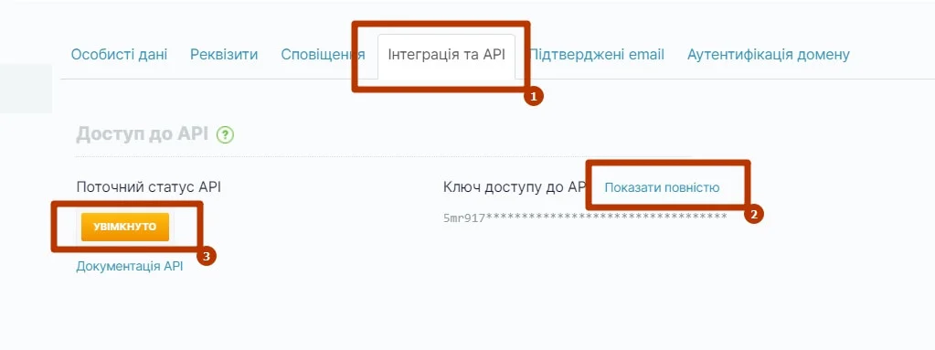 Увімкніть і подивіться ключ доступу до API в розділі «Доступ до АРІ»