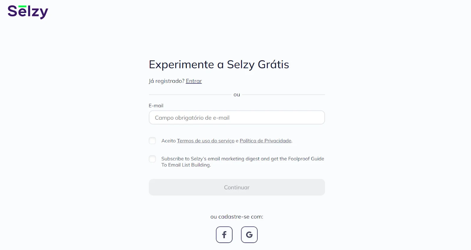 Tela de cadastro da Selzy, solicitando e-mail e preenchimento de duas checkboxes. Uma para os Termos de serviço e uma para o recebimento da nossa newsletter e de um guia exclusivo.