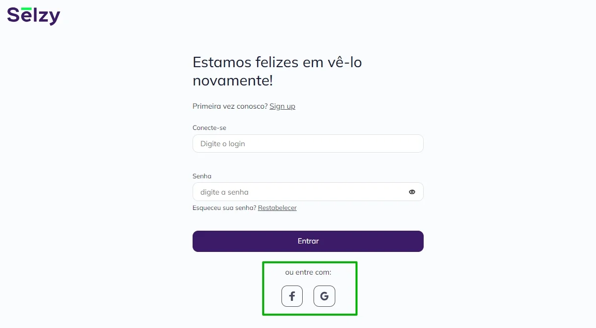 Mais uma vez a tela de cadastro da Selzy, desta vez com destaque para os botões para acesso com Facebook e Google.