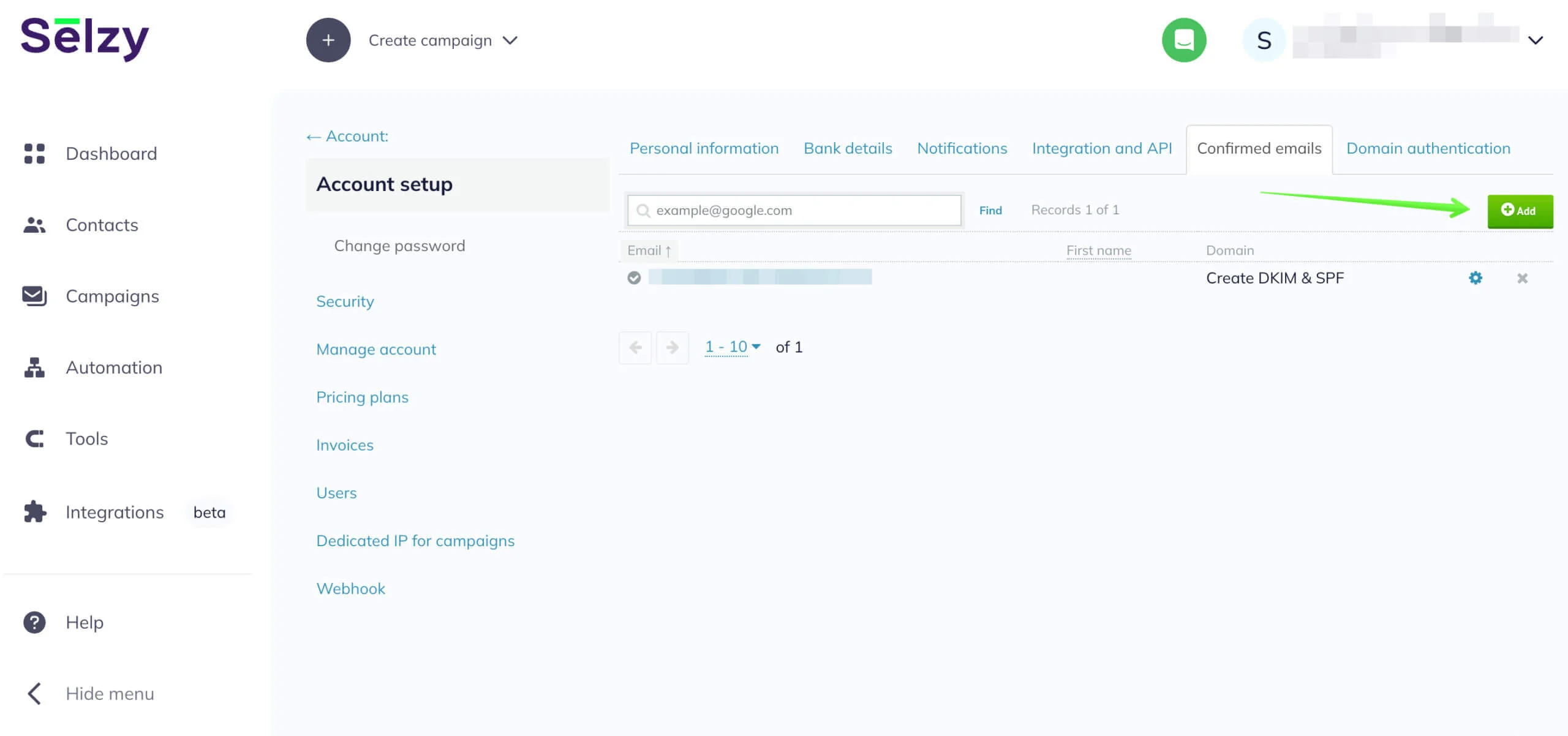 Confirmed Emails list in a Selzy account. Click Add to Add your corporate email.