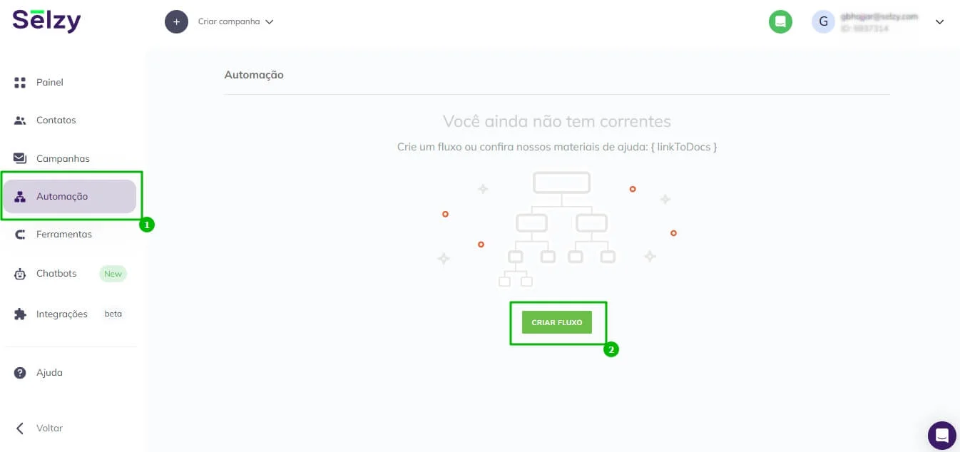 No menu, escolha Automação e clique no botão Criar fluxo.