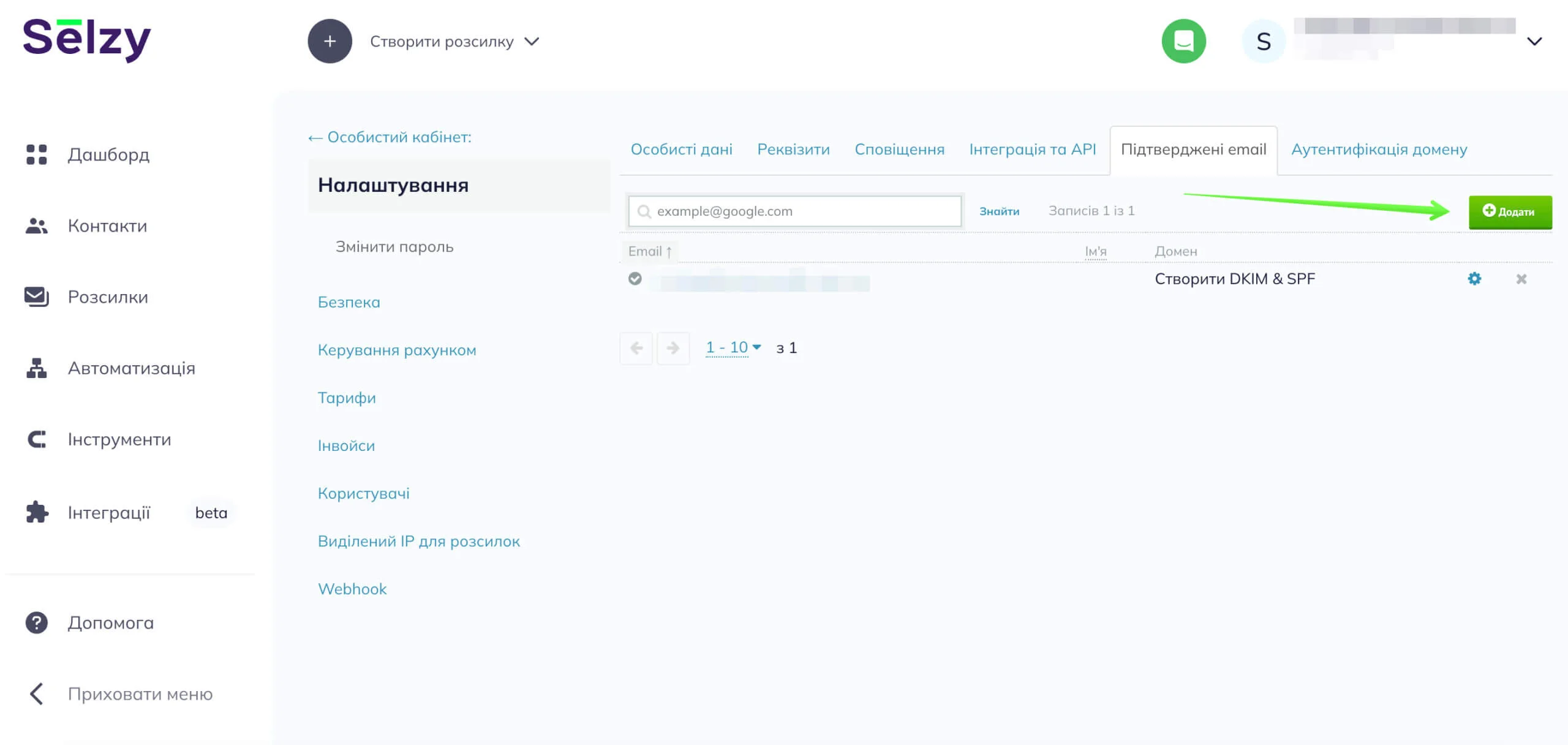 Підтверджені email в акаунті Selzy.