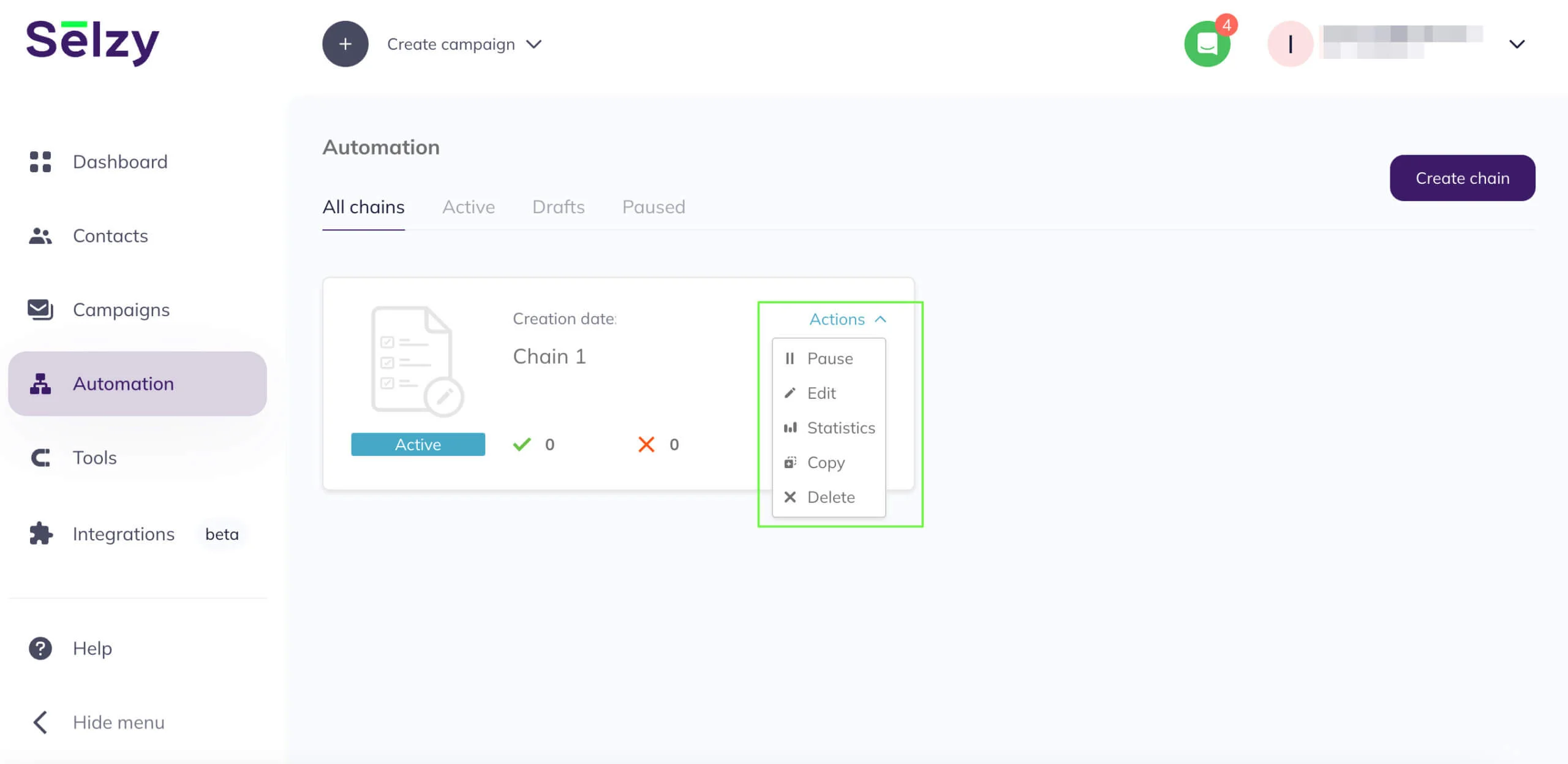 Actions menu beside an automation to pause, edit, copy, or delete the active chain.