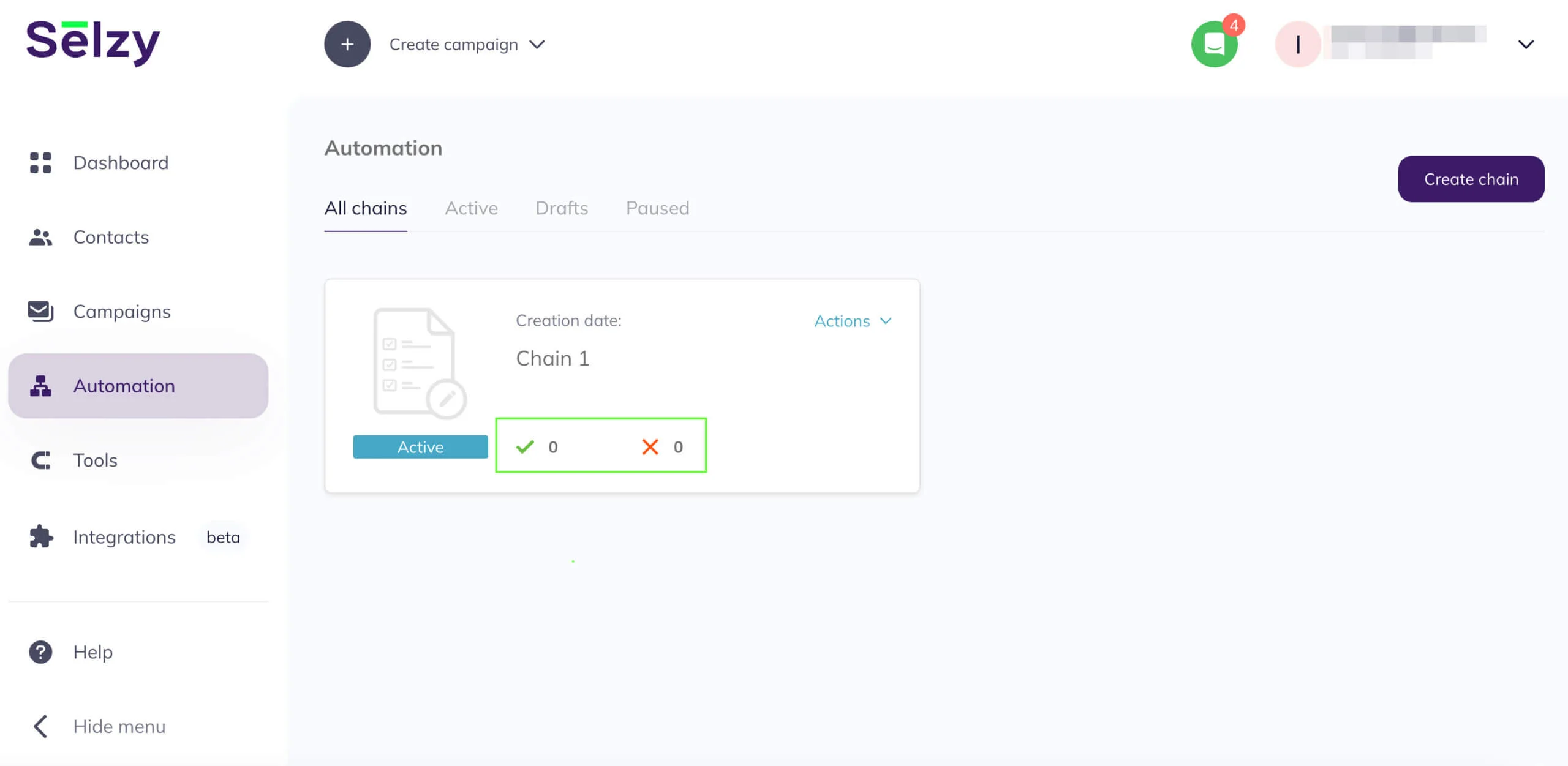 The brief statistics of the chain show zero successful results and zero failures.