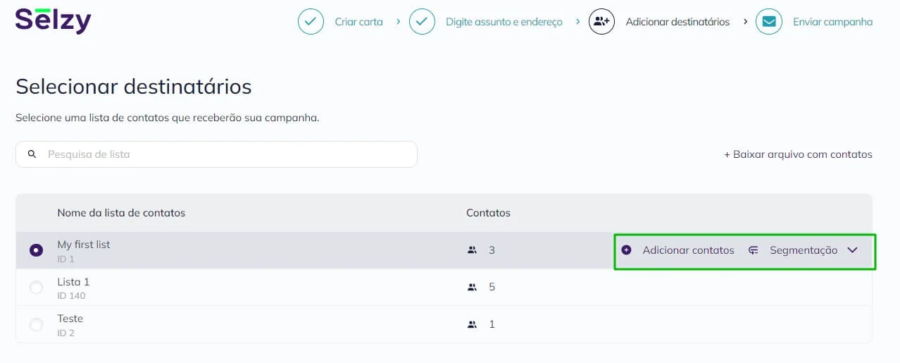 Opções de importação e segmentação disponíveis para a lista selecionada. 