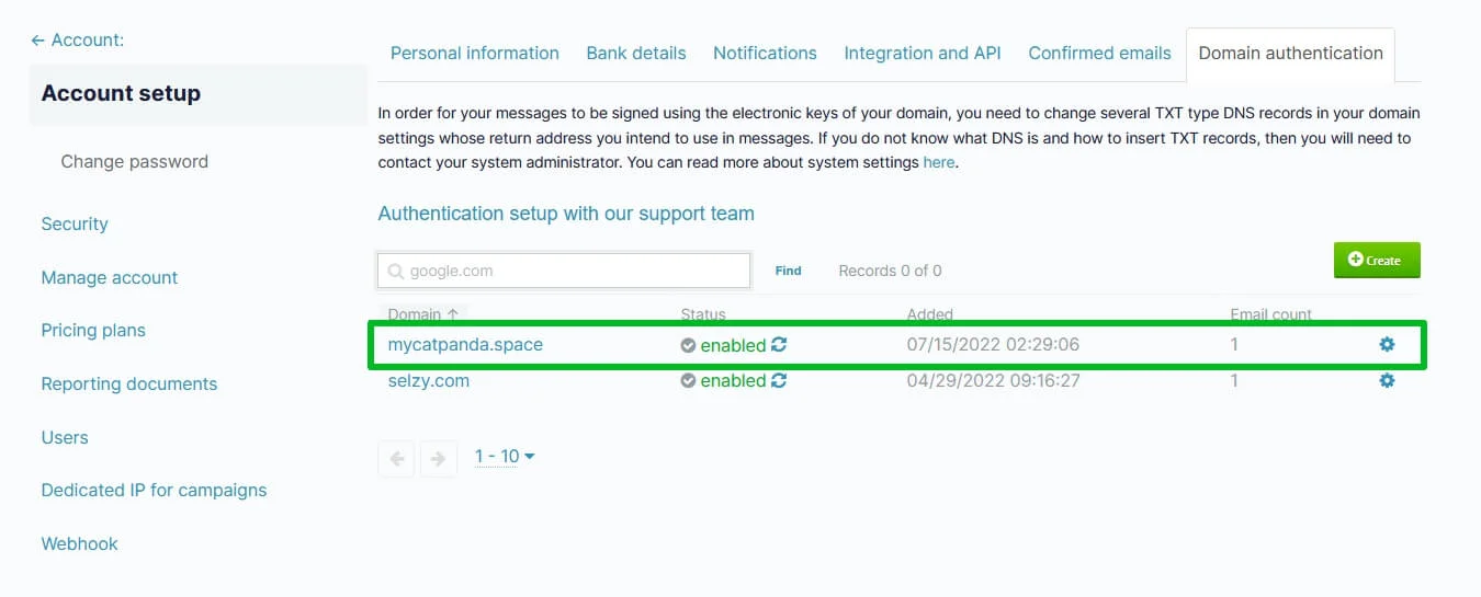 The domain status in Selzy.