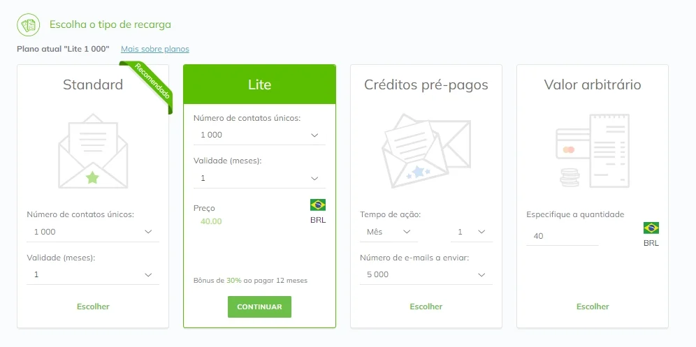  Escolha as condições do plano antes de colocar mais créditos.