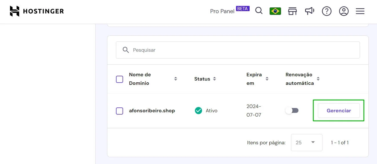 Botão para gerenciar um domínio específico. 