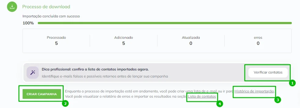 Ações possíveis depois de uma importação de contatos.
