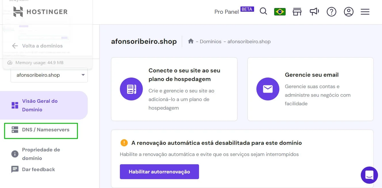 Área de DNS/Nameservers do Hostinger. 