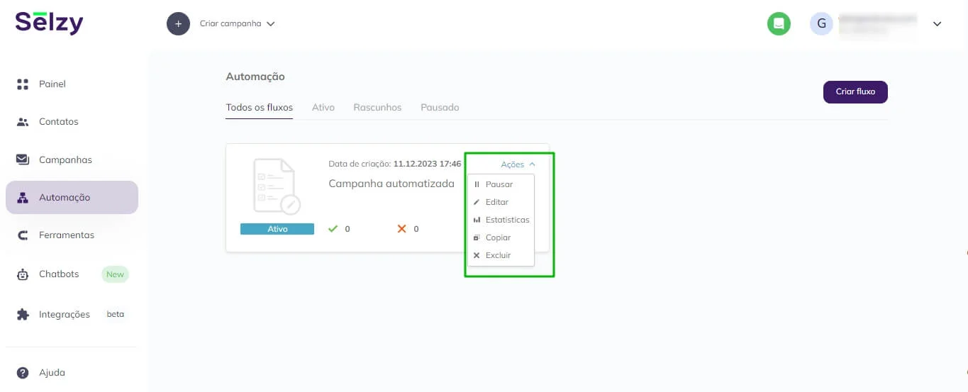 Lista de ações disponíveis para uma automação: pausar, editar, estatísticas, copiar, excluir.
