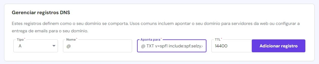 Formulário para cadastro de registro DNS.