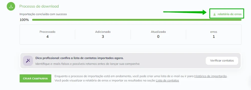 Para acessar um relatório detalhado de erros, clique em Relatório de erros.
