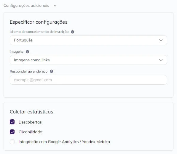 Selecionando configurações adicionais.