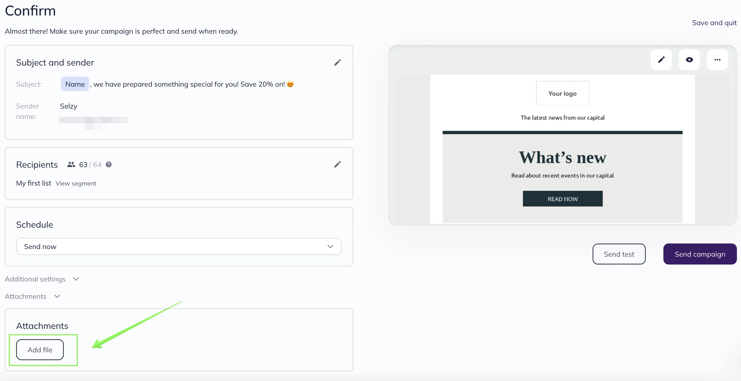 Add file button at the last step of the campaign set-up.