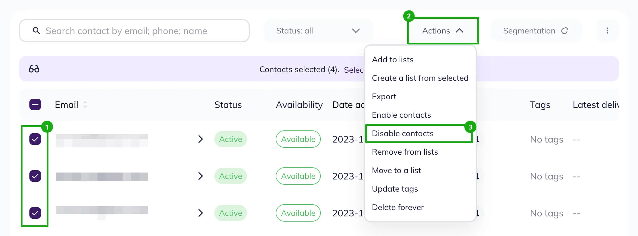 To disable the contacts, select them from the list and click Disable contacts from the Actions menu