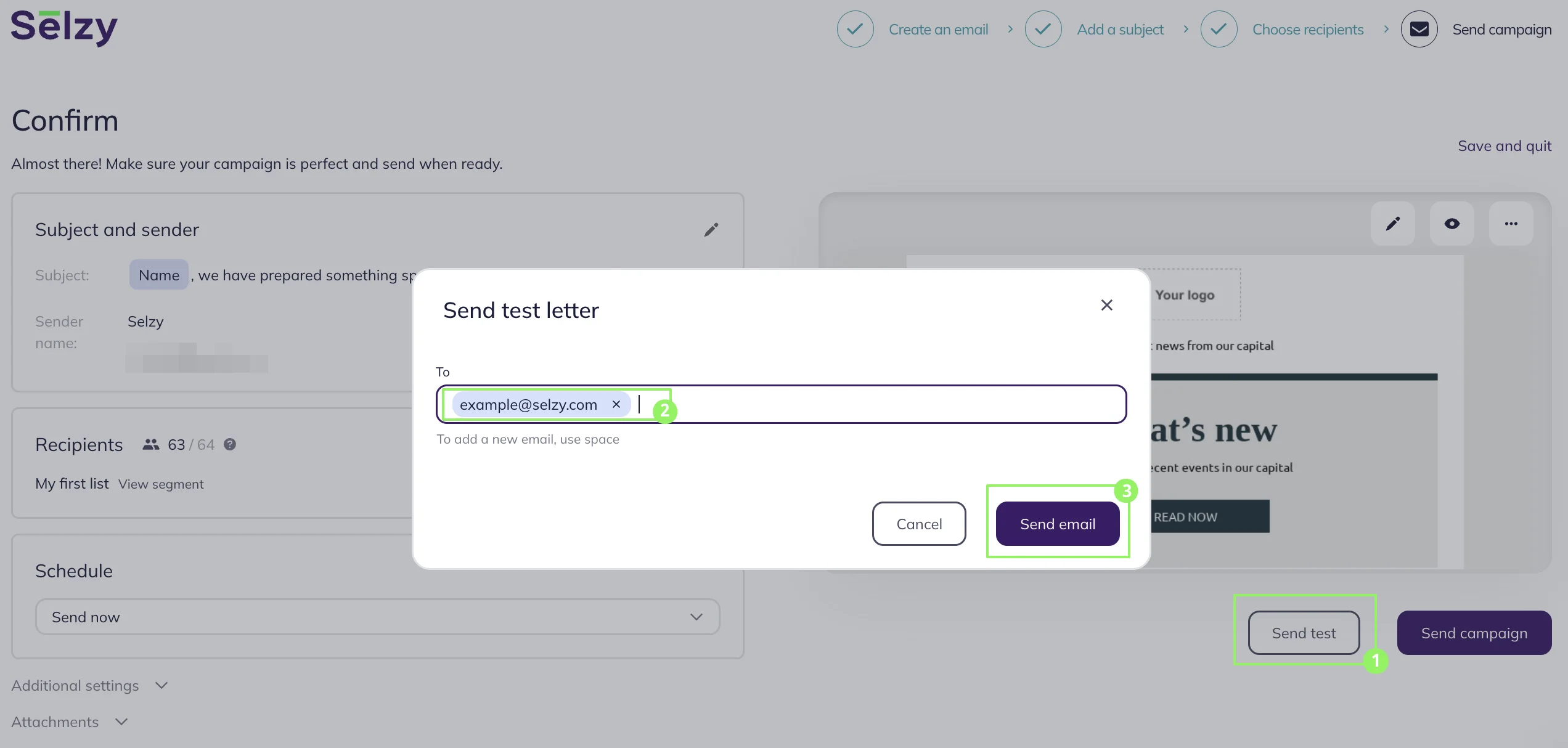 Sending test email at the last step of the campaign set-up.