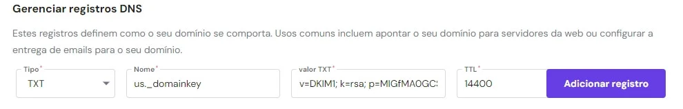 Formulário preenchido com o registro DKIM. 