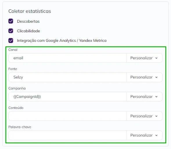 Configurações adicionais para as estatísticas da campanha via Google Analytics.