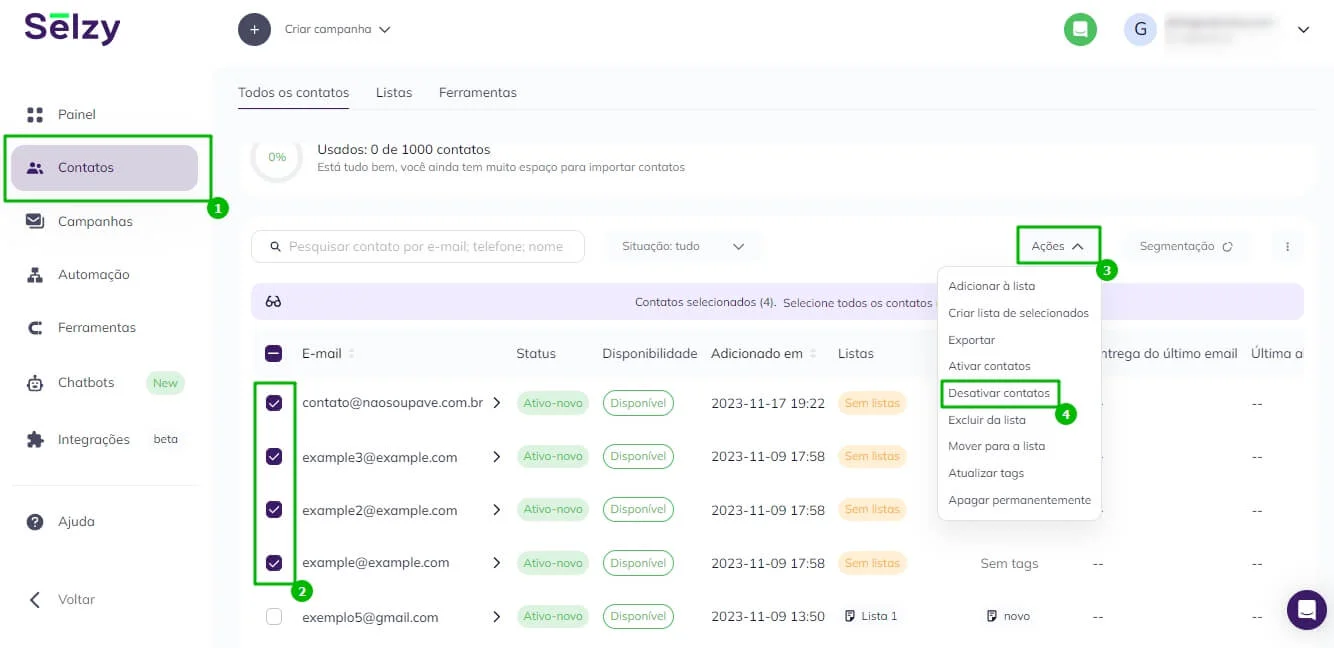 Para desabilitar contatos específicos, vá na aba de contatos e clique em Ações.