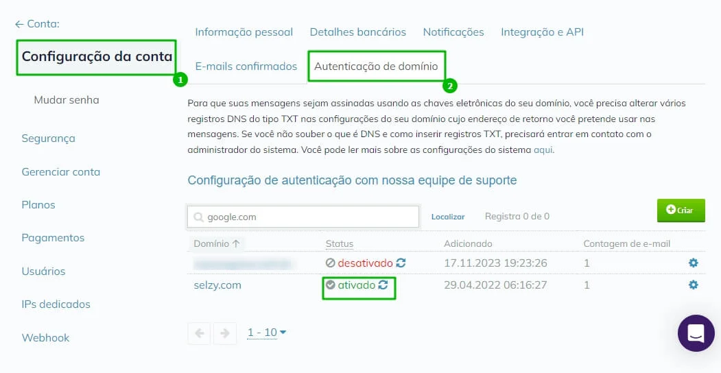Interface da Selzy informando que o domínio foi ativado. 