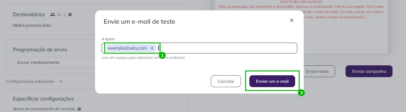  Enviando um e-mail teste na última etapa das configurações.