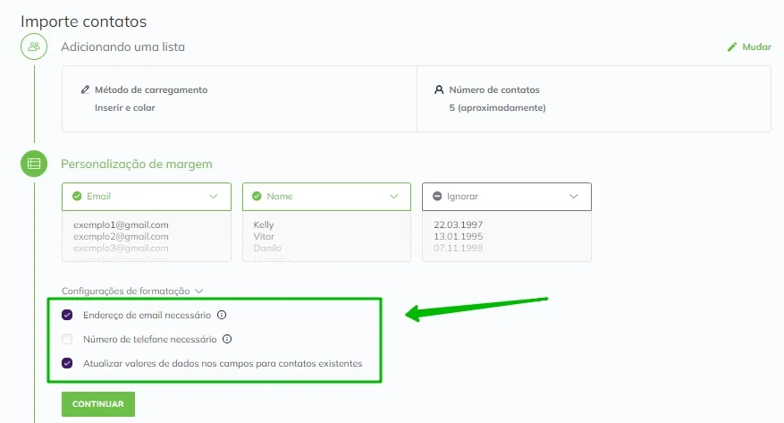 Se você não quiser que os dados de contatos existentes sejam atualizados, tire o tique do campo Atualizar valores de dados nos campos para contatos existentes.