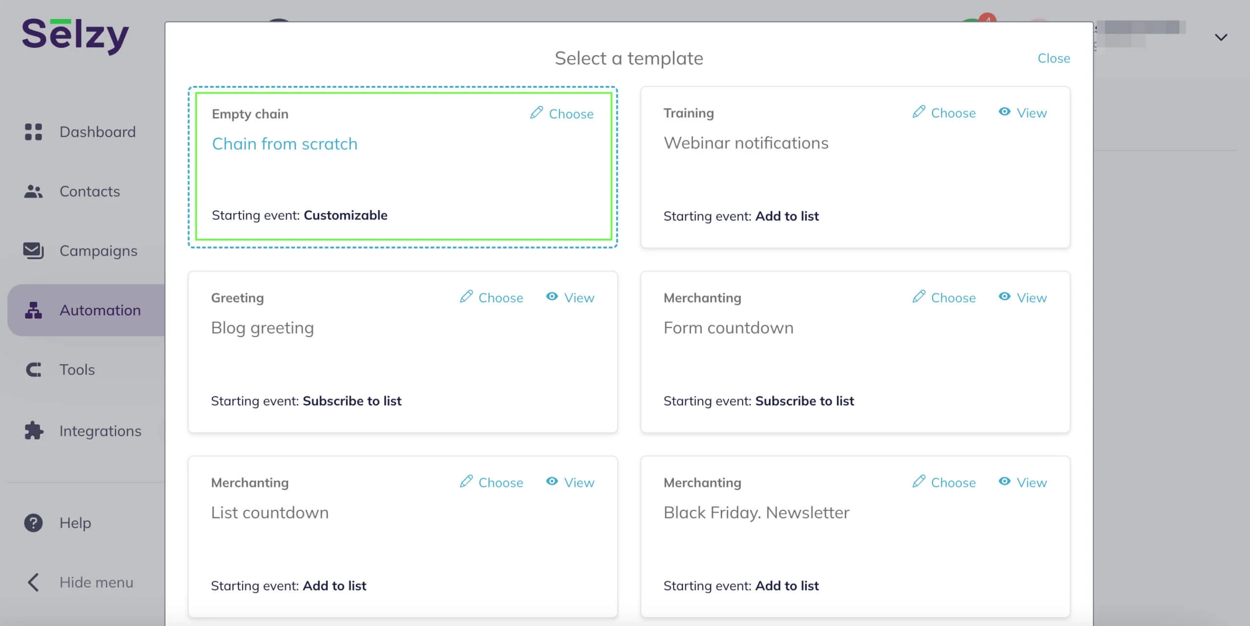 Select a template or create a chain from scratch.