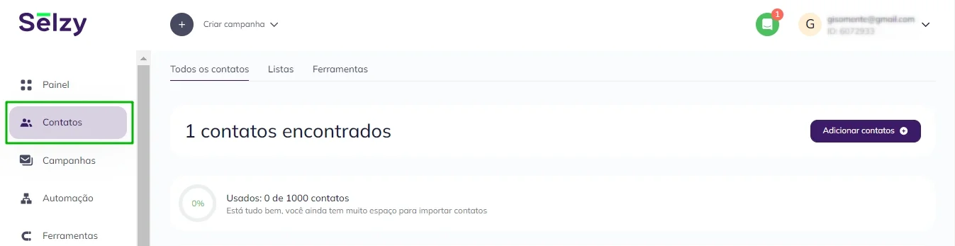 Botão para abrir a aba de contatos na plataforma da Selzy.