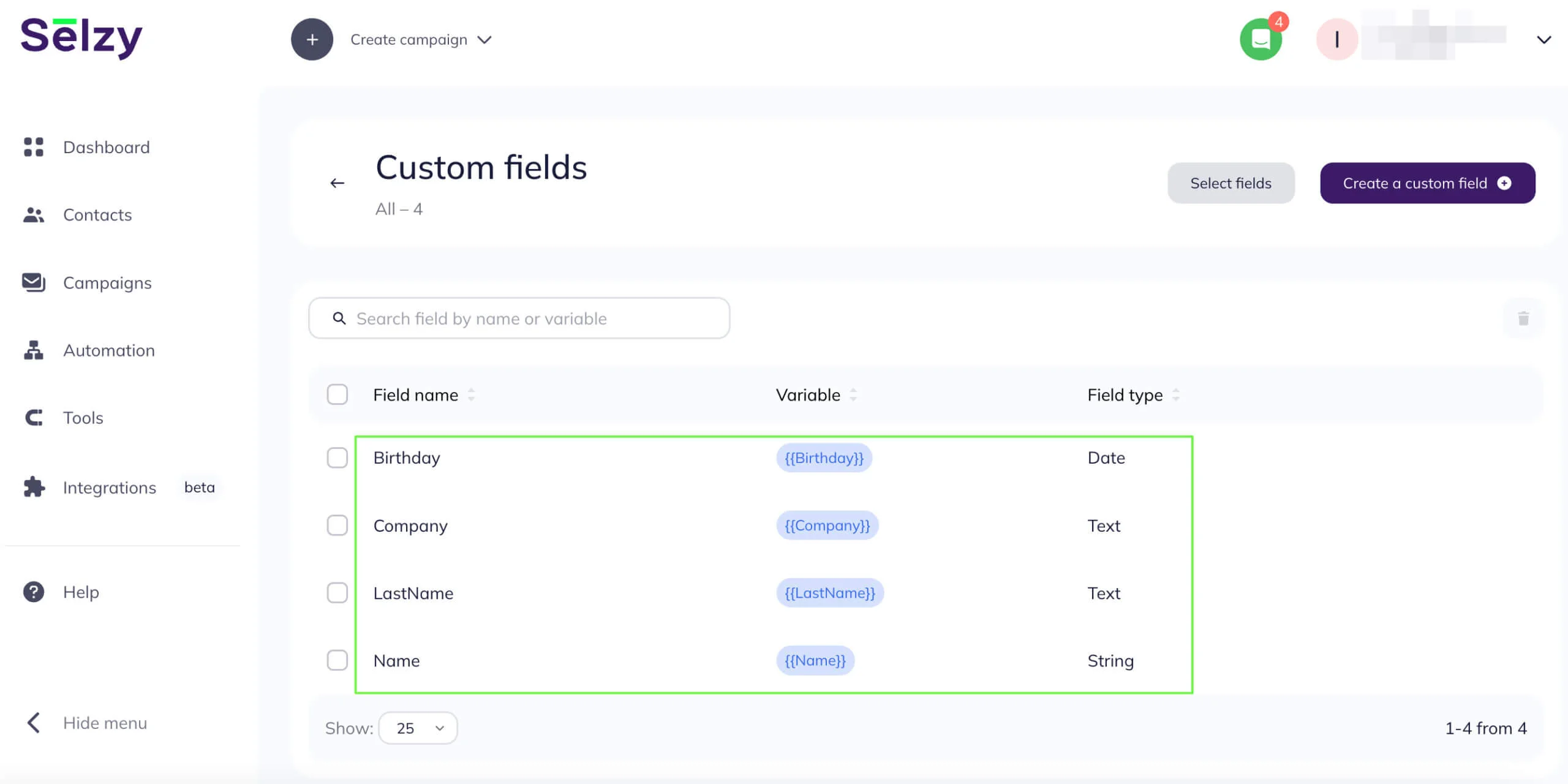 Custom fields and corresponding merge tags: birthday, company, last name, and name.