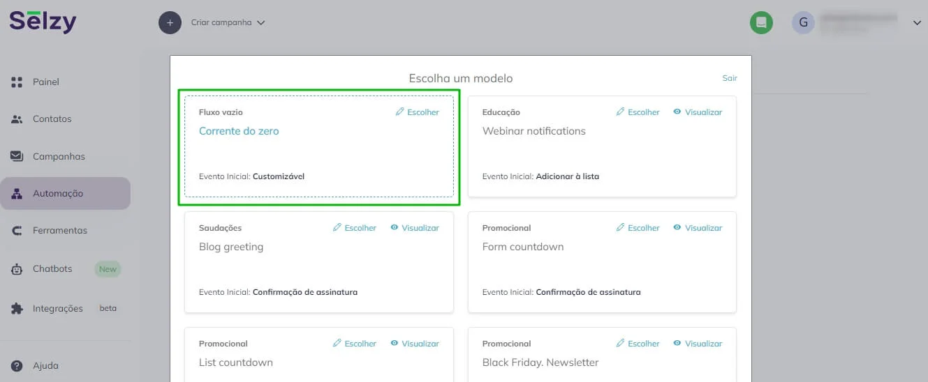 Opções para criar um fluxo de automação.