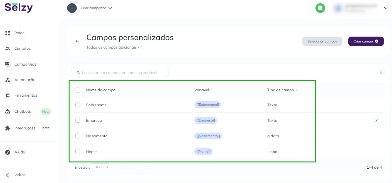 Campos personalizados correspondentes às tags aniversário, empresa, sobrenome e nome. 