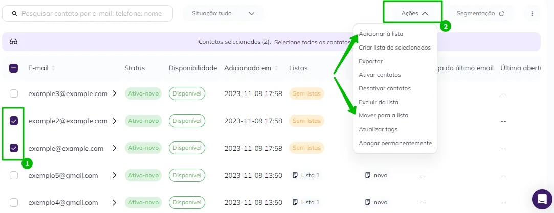 Adicionando os contatos a uma outra lista.