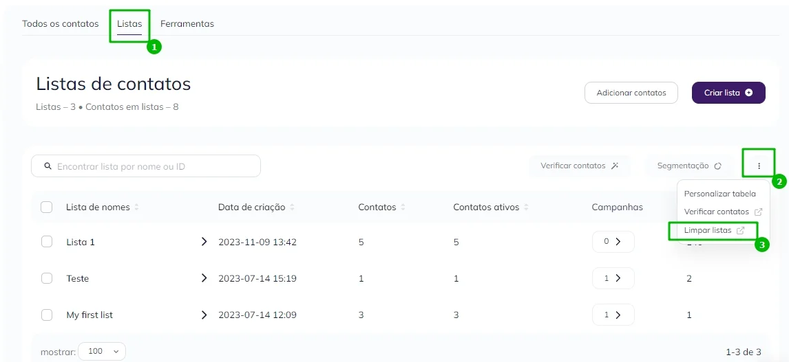 Deletando uma lista de contatos.