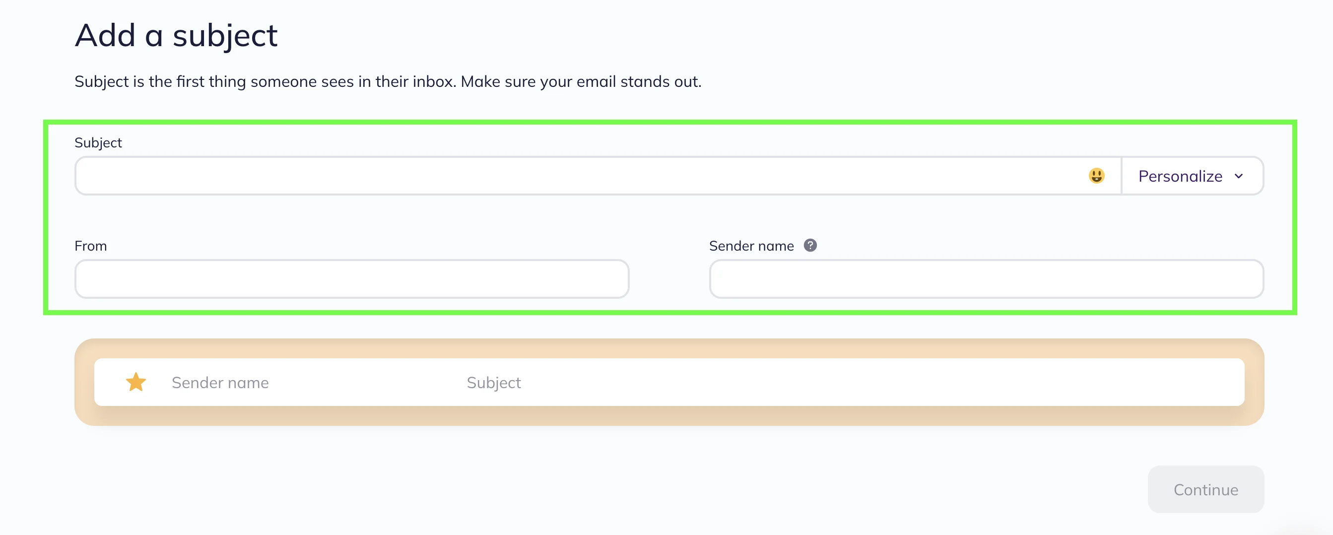 Add a subject line, a sender email, and a sender name and check the results on the preview.