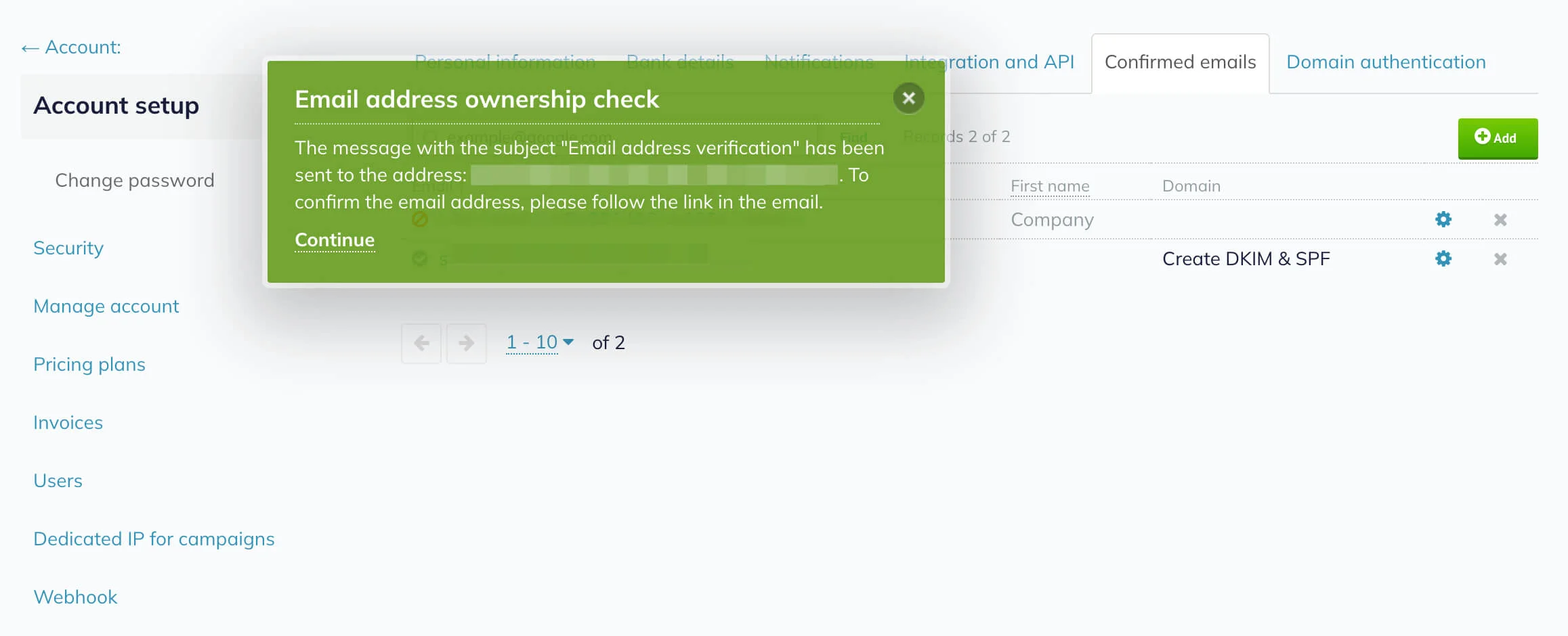 A notification that the confirmation email is sent to the specified email address.