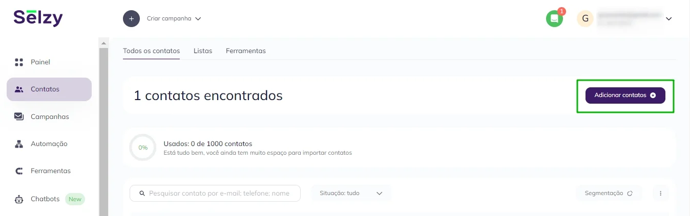 O botão para Adicionar contatos na aba de Contatos.