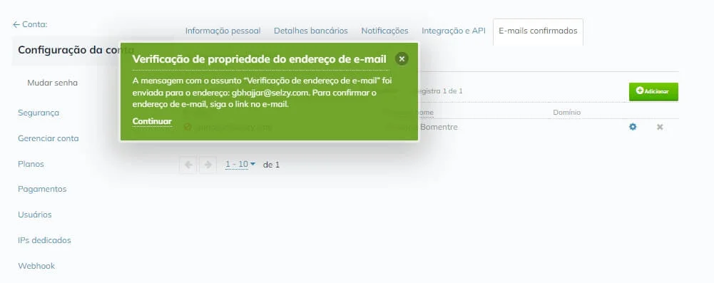 Pop-up informando que o e-mail de verificação foi enviado para o endereço informado.