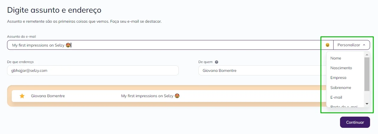 Adicionando a substituição ao assunto de um e-mail. 