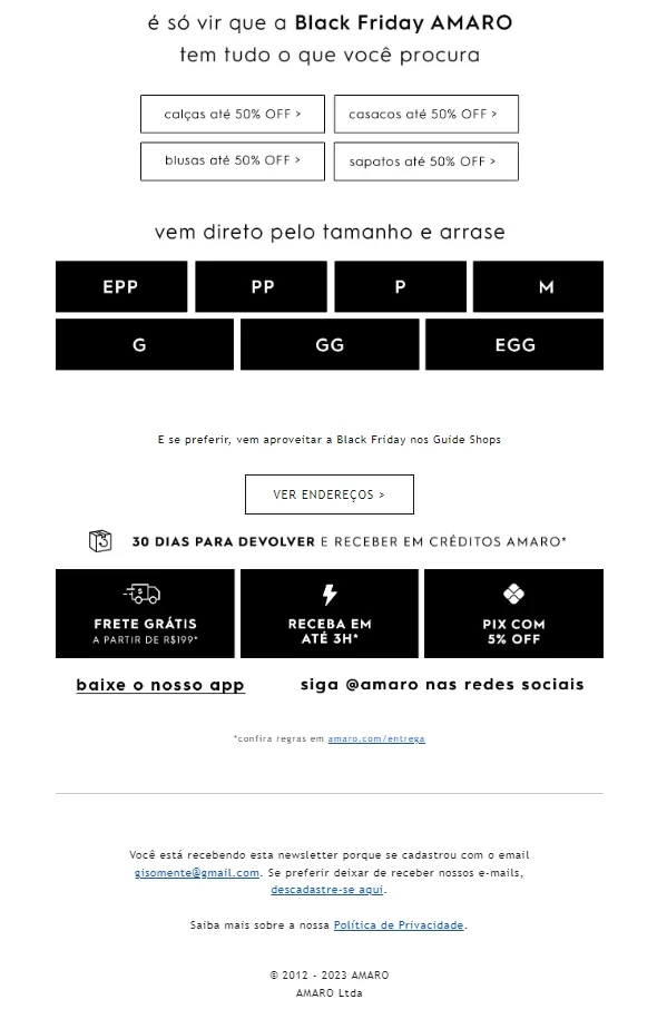 O rodapé claramente avisa qual e-mail foi cadastrado na lista dessa marca.