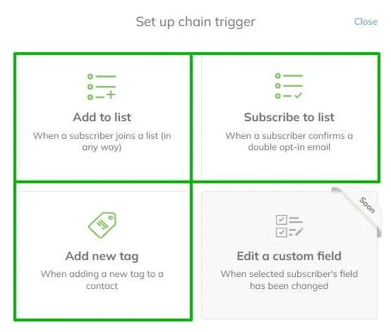 The chain trigger selection menu. Among the available options are “Add to list,” “Subscribe to list,” and “Add new tag.” The “Edit a custom field” option is marked to be available soon.