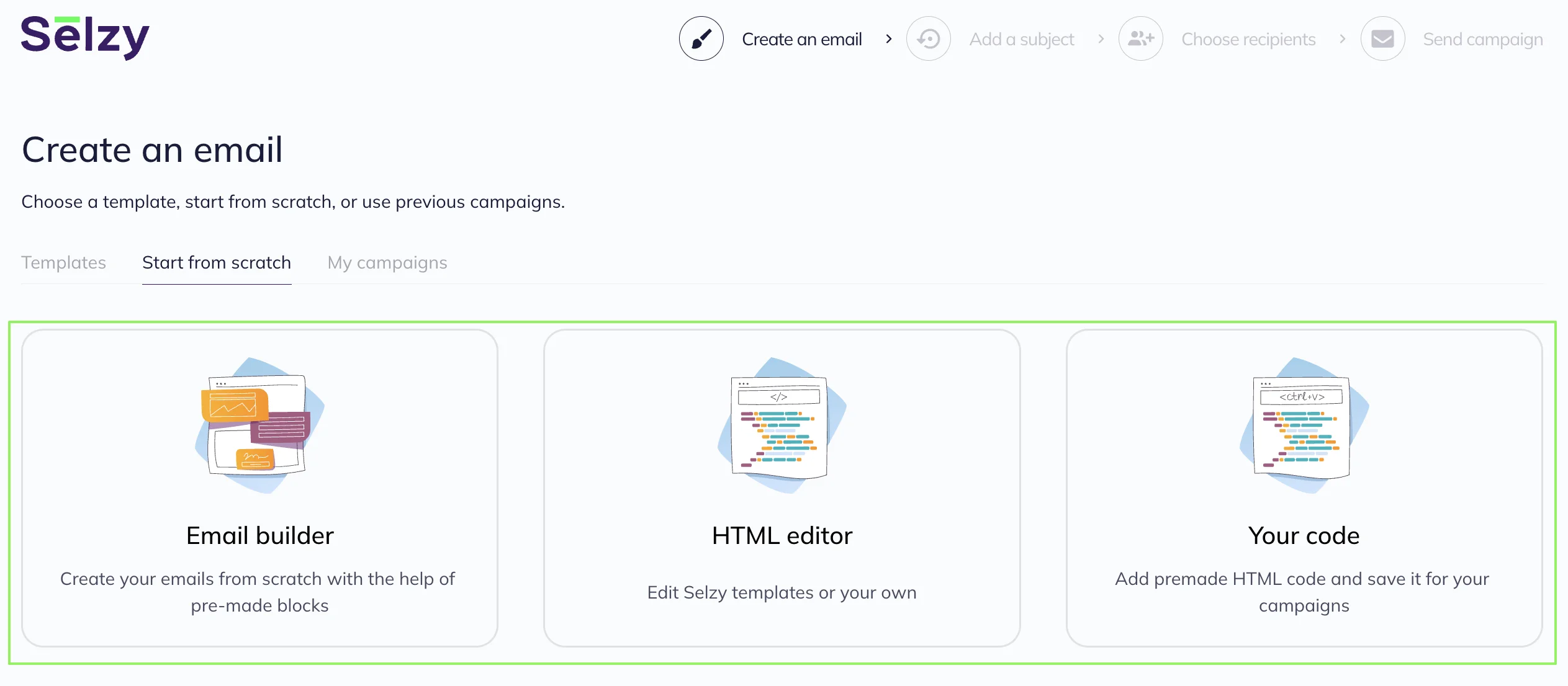 Options on the Start from scratch tab: Email builder, HTML editor, and Your code