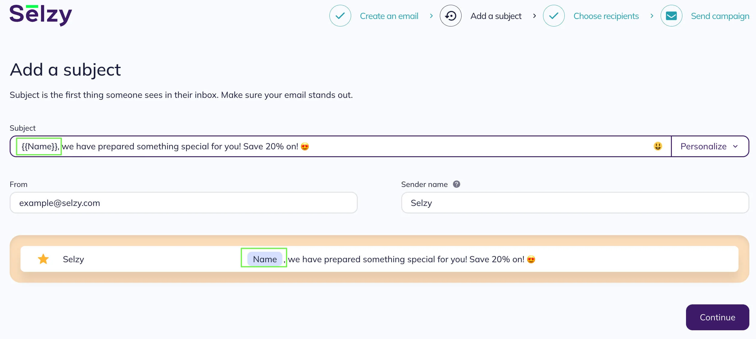 Copy the substitute from the Custom fields section and insert it into the subject field.