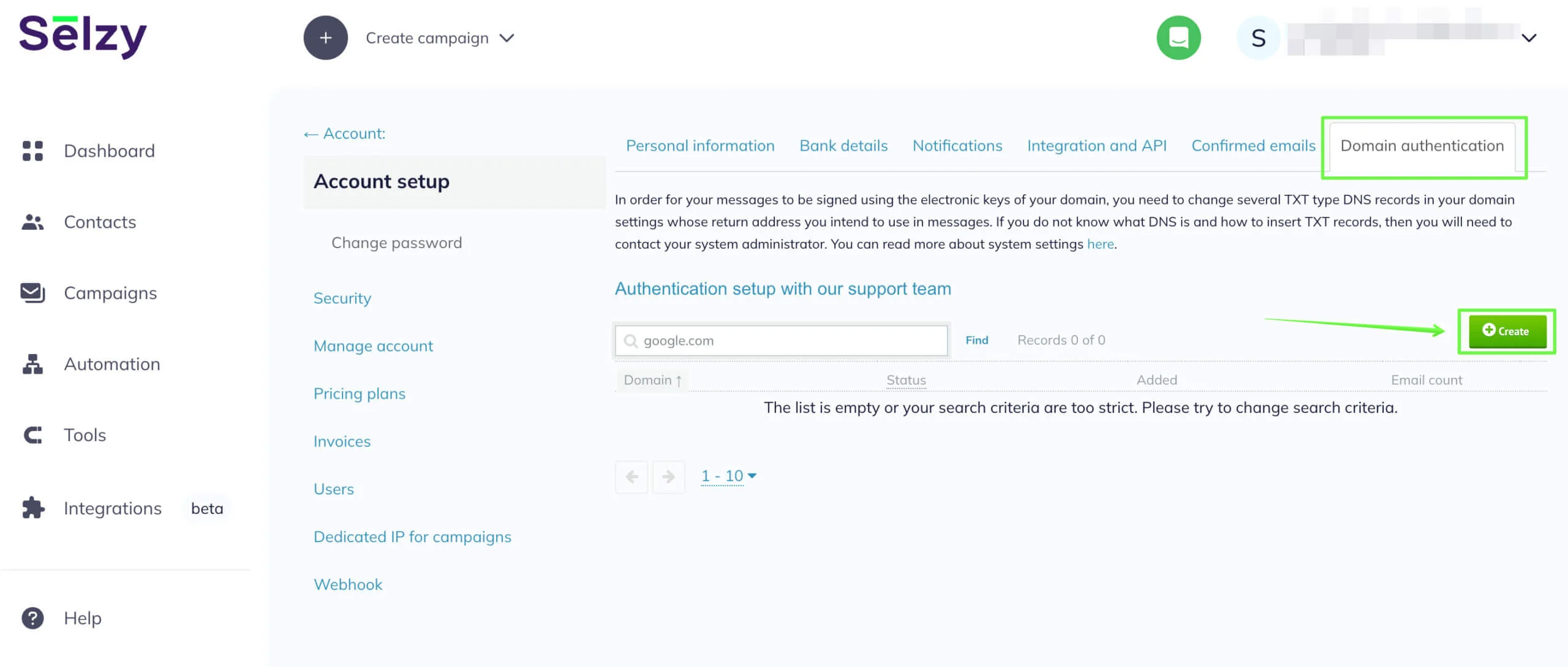 Domain Authentication section. Click Create to begin the authentication process.