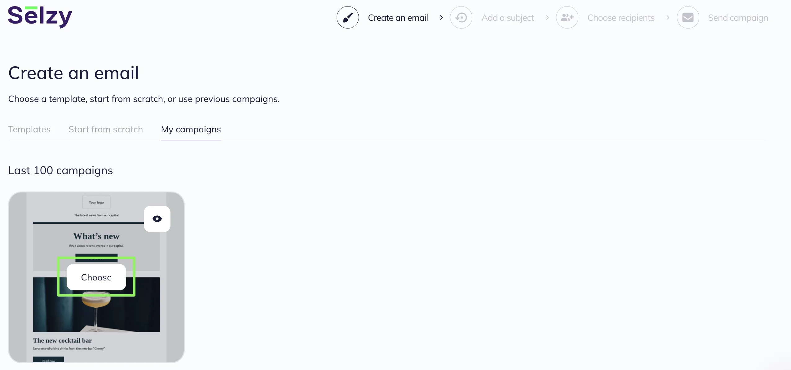 On the My campaigns tab, choose a previous email to use as a template for your new campaign.