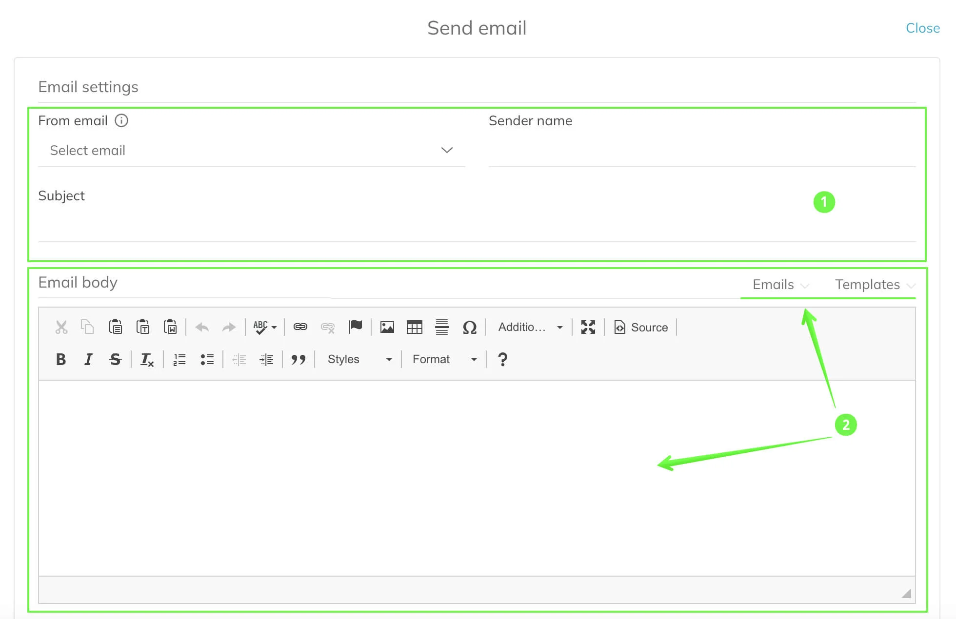 Send email window with sender’s information and an option to choose an email or write a new one.