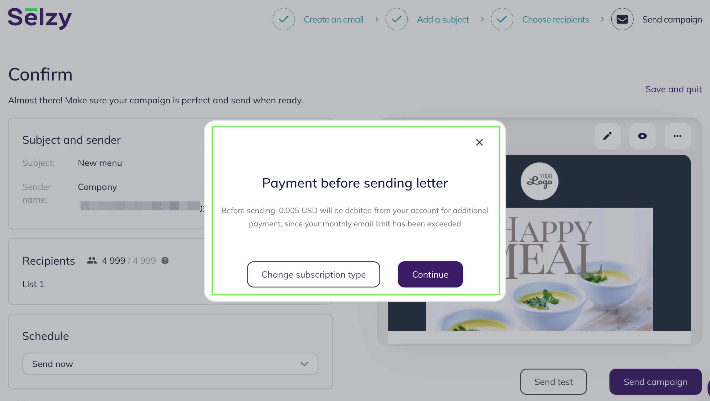 An example of a system notification that there will be a payment for an email exceeding the limit of the Prepaid credits plan.