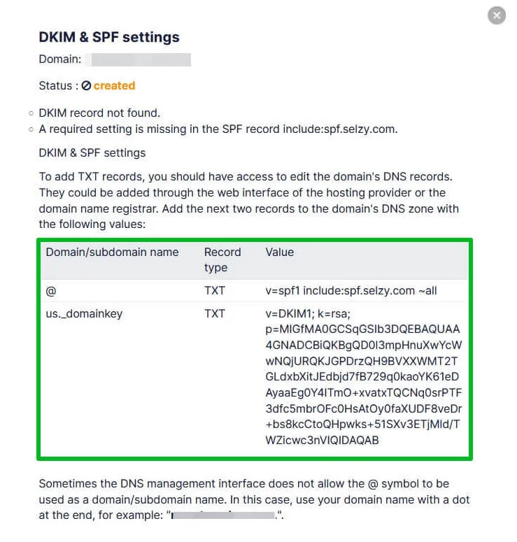 DKIM & SPF settings.
