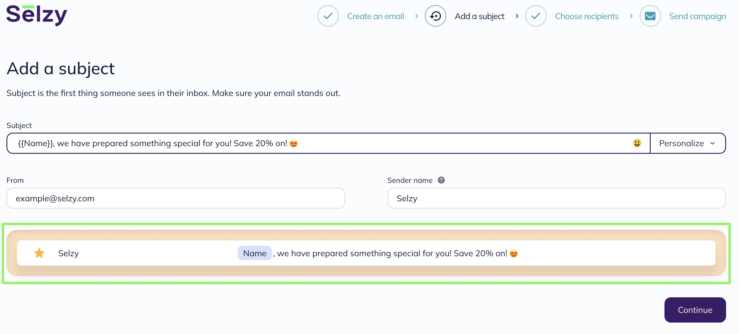 Preview of the subject line, sender name, and address.