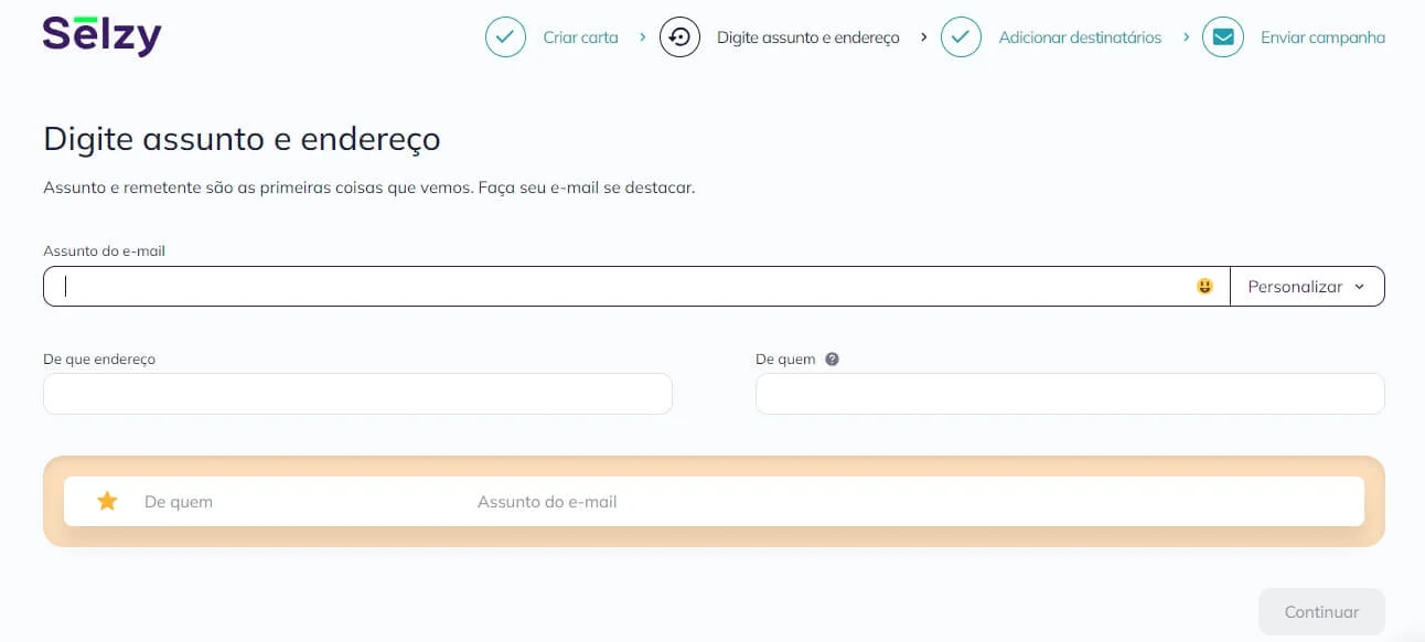 Preencha o formulário com o assunto, o e-mail e o nome do remetente e confira o resultado na prévia.